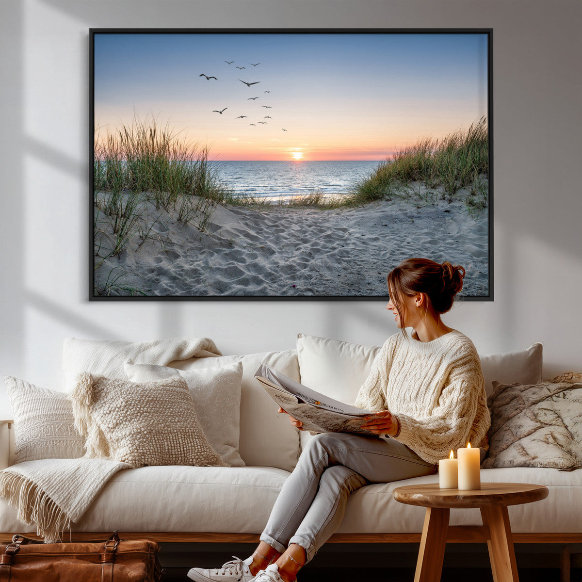Sandy Dune Path Sunset Canvas Wall Art — Seagulls Beach