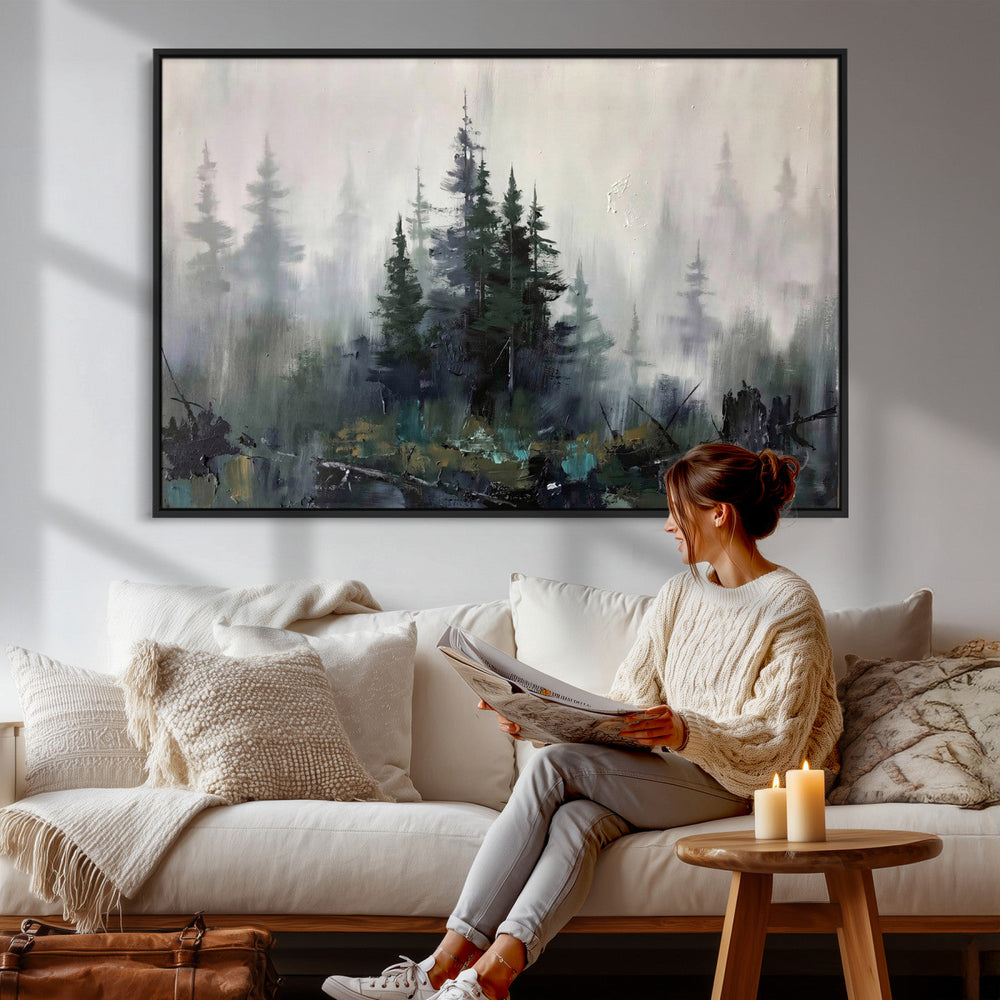 Misty Pine Forest Oil Painting Canvas — Dark Moody Teal Grey