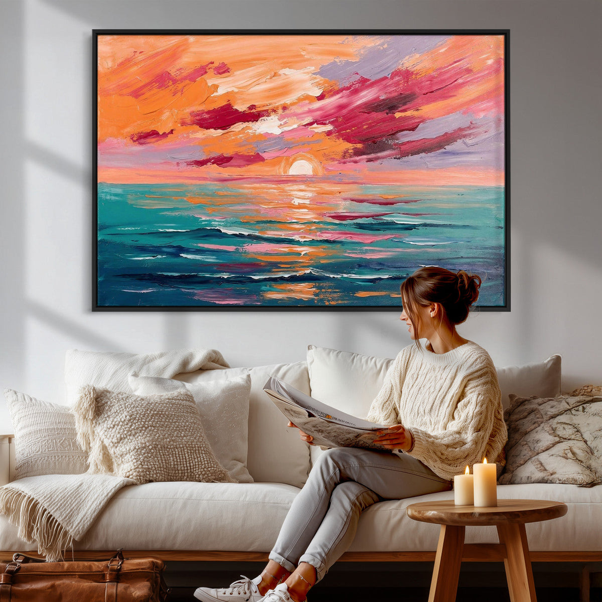 Bold Palette Knife Ocean Sunset Canvas — Orange Pink Teal