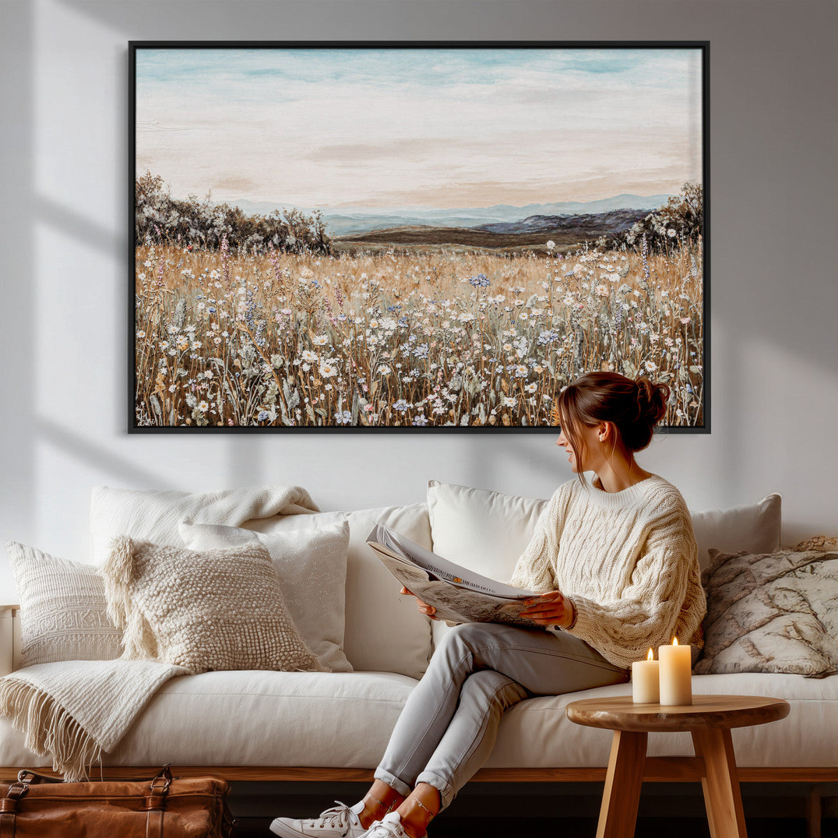 Neutral Wildflower Field Canvas Wall Art — Beige Earth Tone