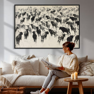 Longhorn Cattle Canvas Wall Art, Black White Stampede Ink