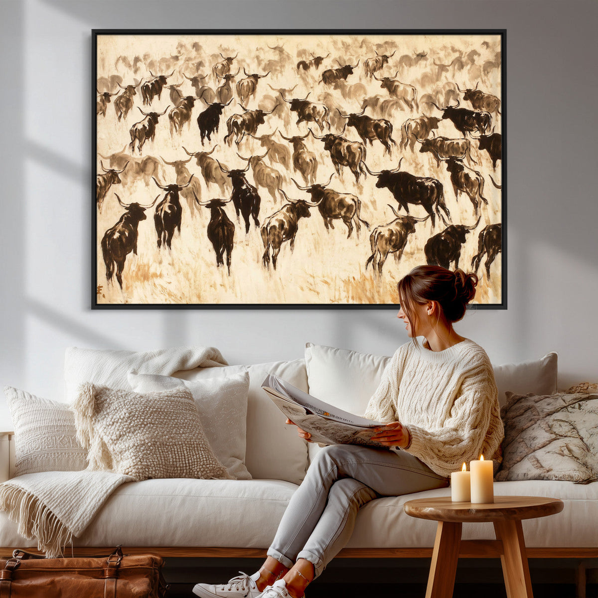 Texas Longhorn Sepia Canvas Wall Art, Western Cattle