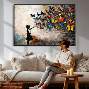 Banksy Graffiti Butterfly Girl Wall Art Canvas Print, Framed