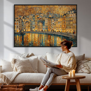 Gustav Klimt Golden Cityscape Wall Art Canvas Print, Framed
