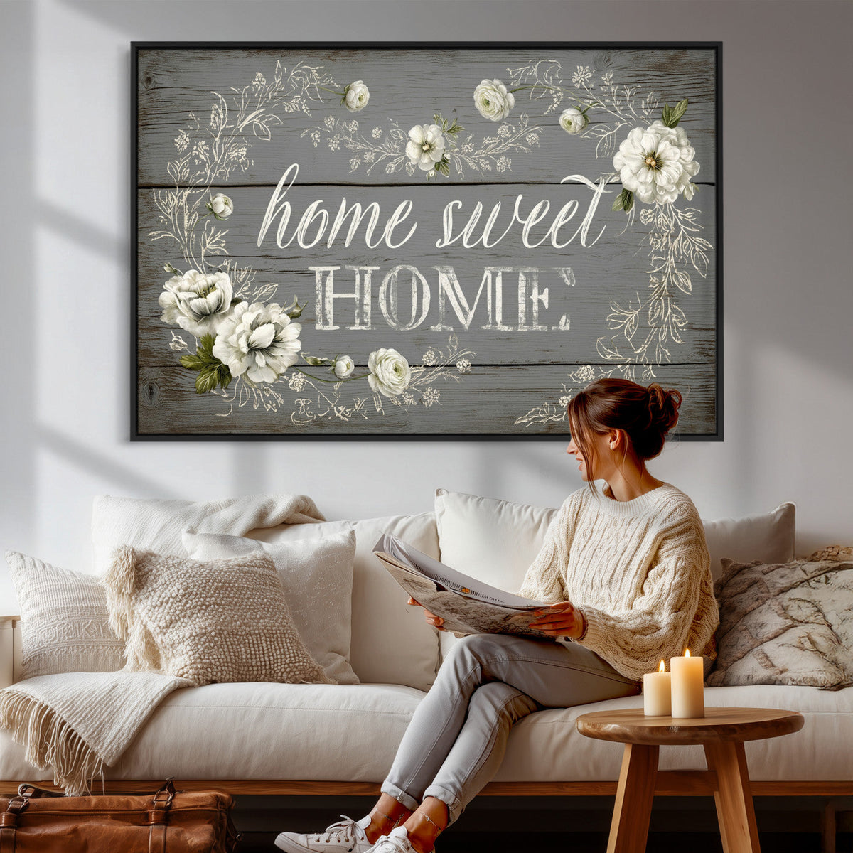 Home Sweet Home Wall Art Canvas Print, Floral Farmhouse