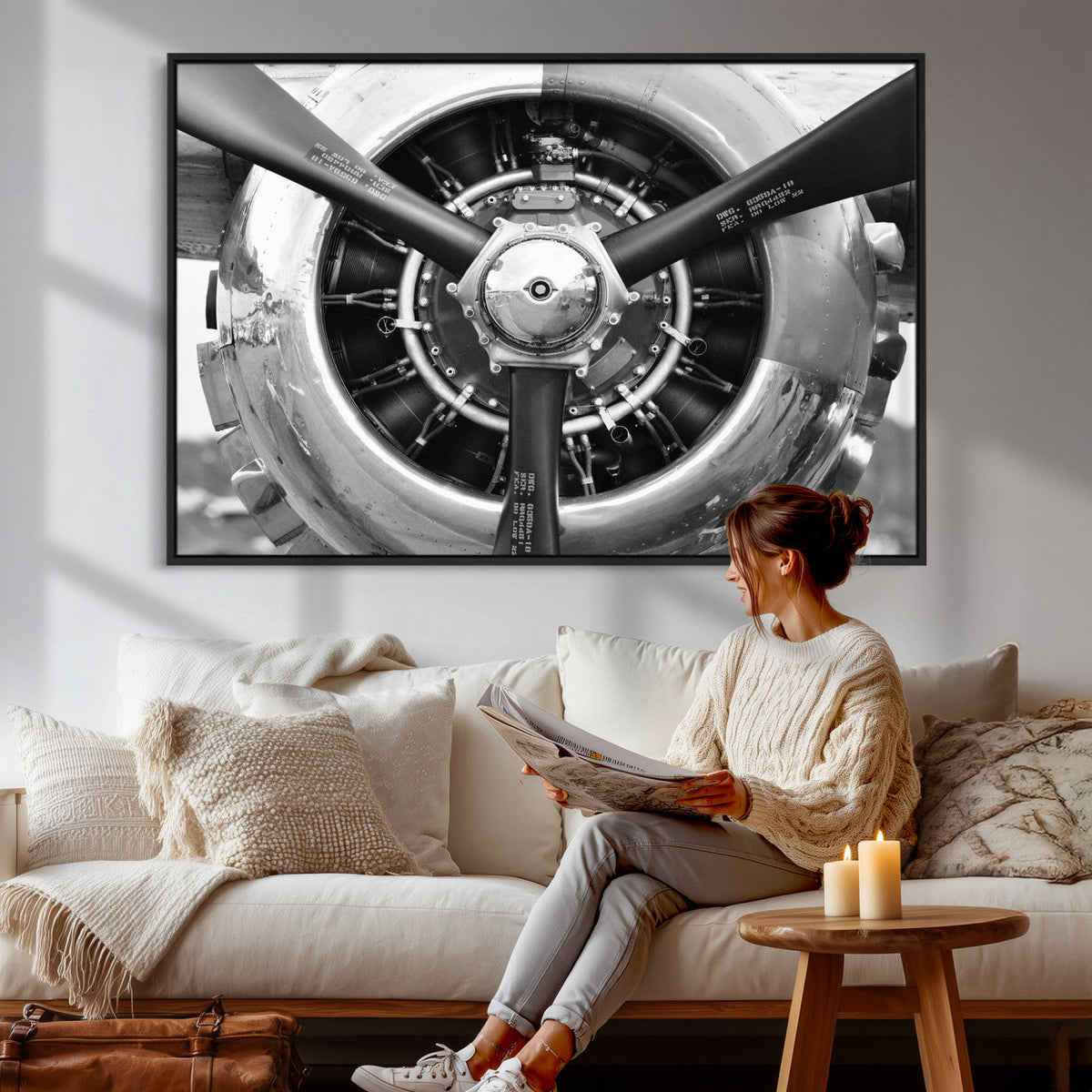 Vintage Propeller Plane Wall Art Canvas Print, Black and