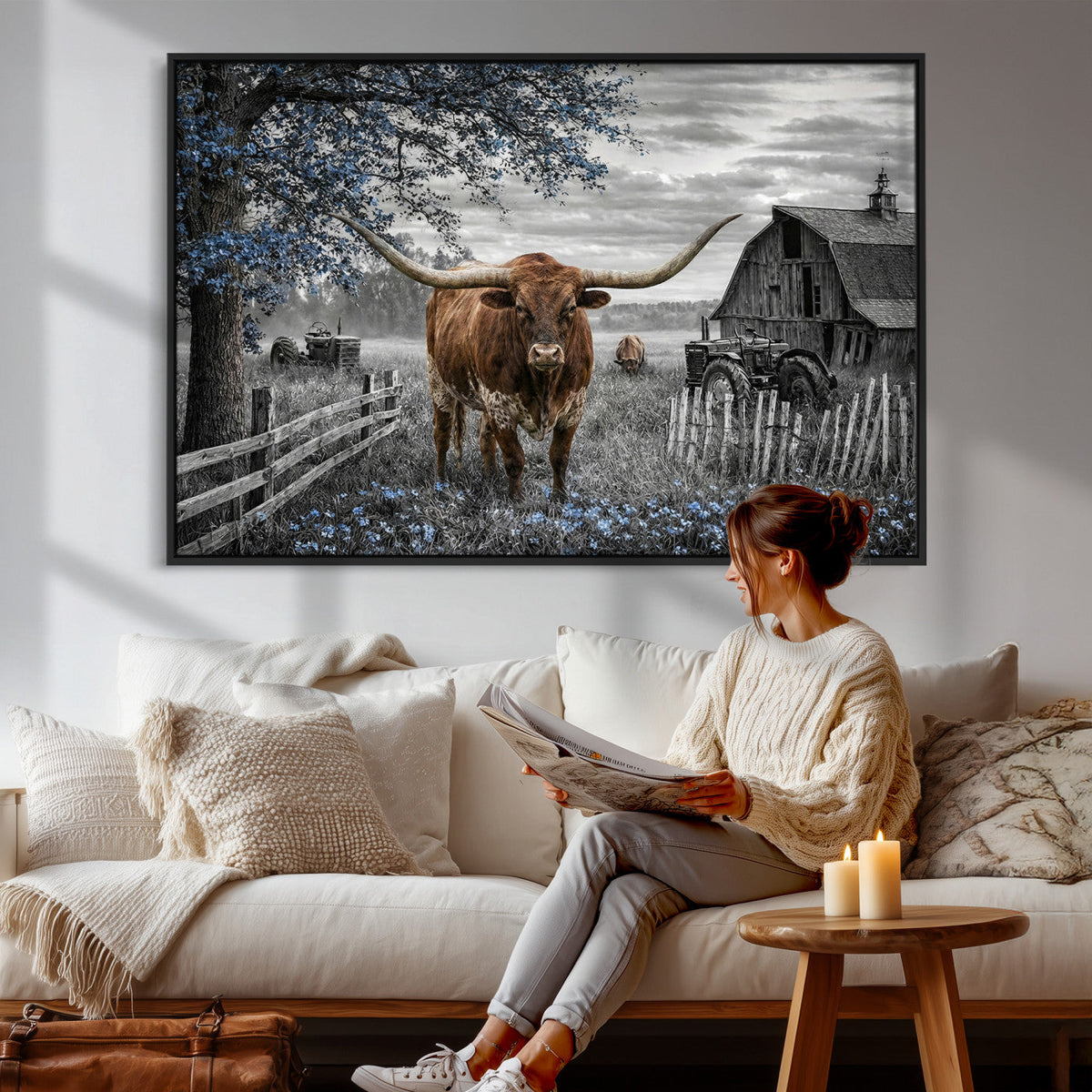 Texas Longhorn Canvas Wall Art, Rustic Farm Barn Bluebonnet