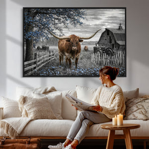 Texas Longhorn Canvas Wall Art, Rustic Farm Barn Bluebonnet