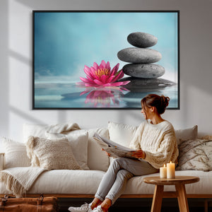Zen Canvas Wall Art Lotus Flower Stacked Stones Teal Spa