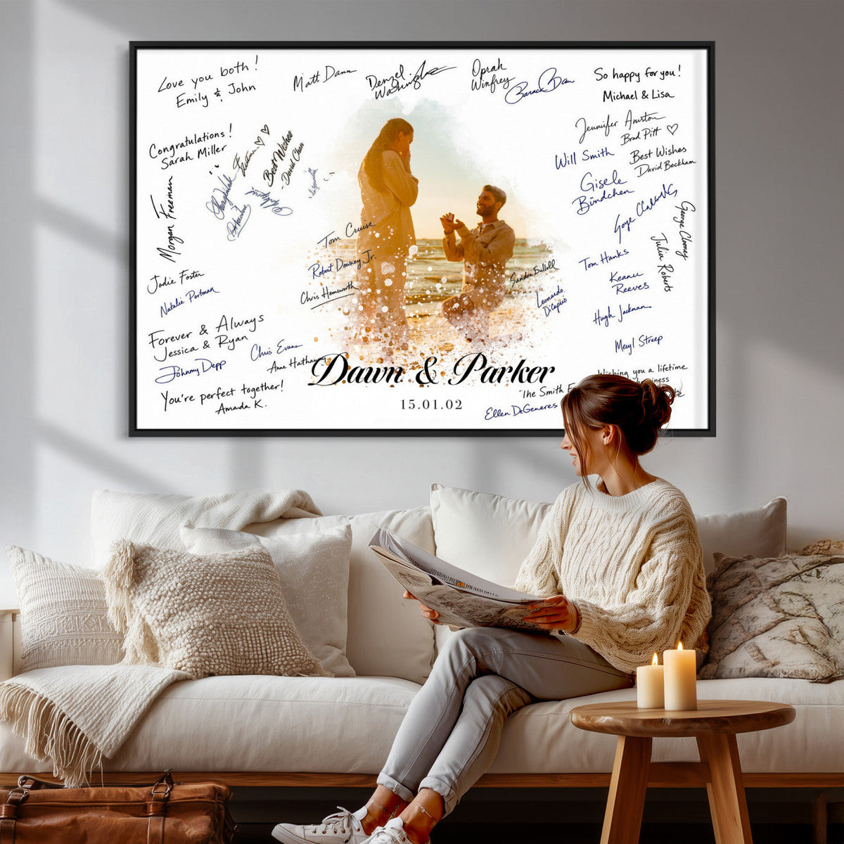 Wedding Guest Book Alternative Wall Art Canvas Print, Personalized Wedding Signature Poster, Custom Couple Photo Guestbook Canvas, Bridal Shower Reception Decor