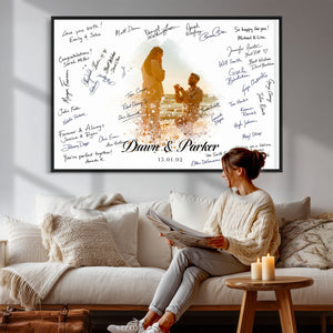 Wedding Guest Book Alternative Wall Art Canvas Print, Personalized Wedding Signature Poster, Custom Couple Photo Guestbook Canvas, Bridal Shower Reception Decor