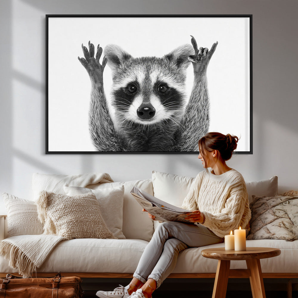 Funny Raccoon Canvas Wall Art, Black White Hands Up Animal Photo Print, Humorous Wildlife Decor, Kids Room Nursery Art, Quirky Animal Gift