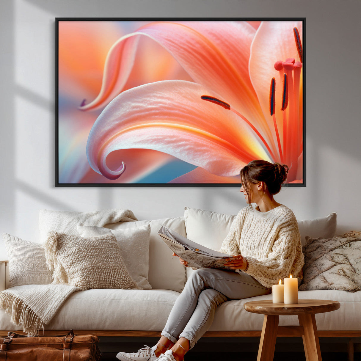 Peach Lily Canvas Wall Art, Coral Pink Flower Macro Photo Print, Botanical Bedroom Decor, Soft Floral Photography, Living Room Wall Art
