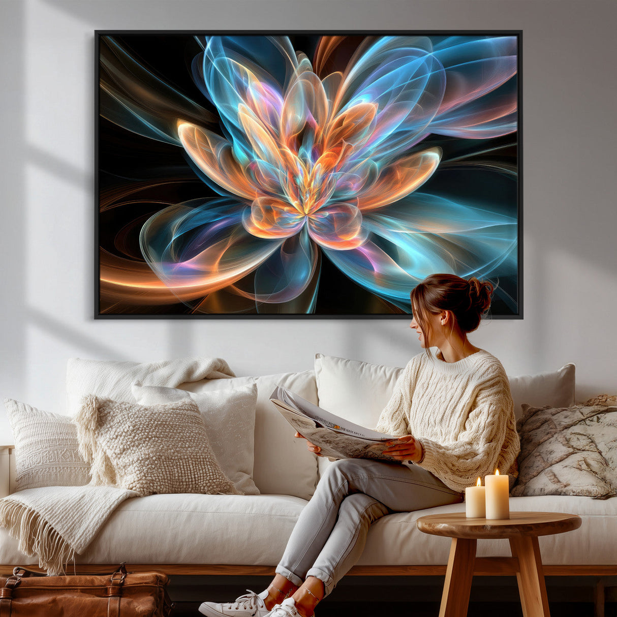 Fractal Lotus Canvas Wall Art, Blue Orange Glowing Flower Abstract Print, Modern Zen Meditation Room Decor, Ethereal Digital Art, Living Room