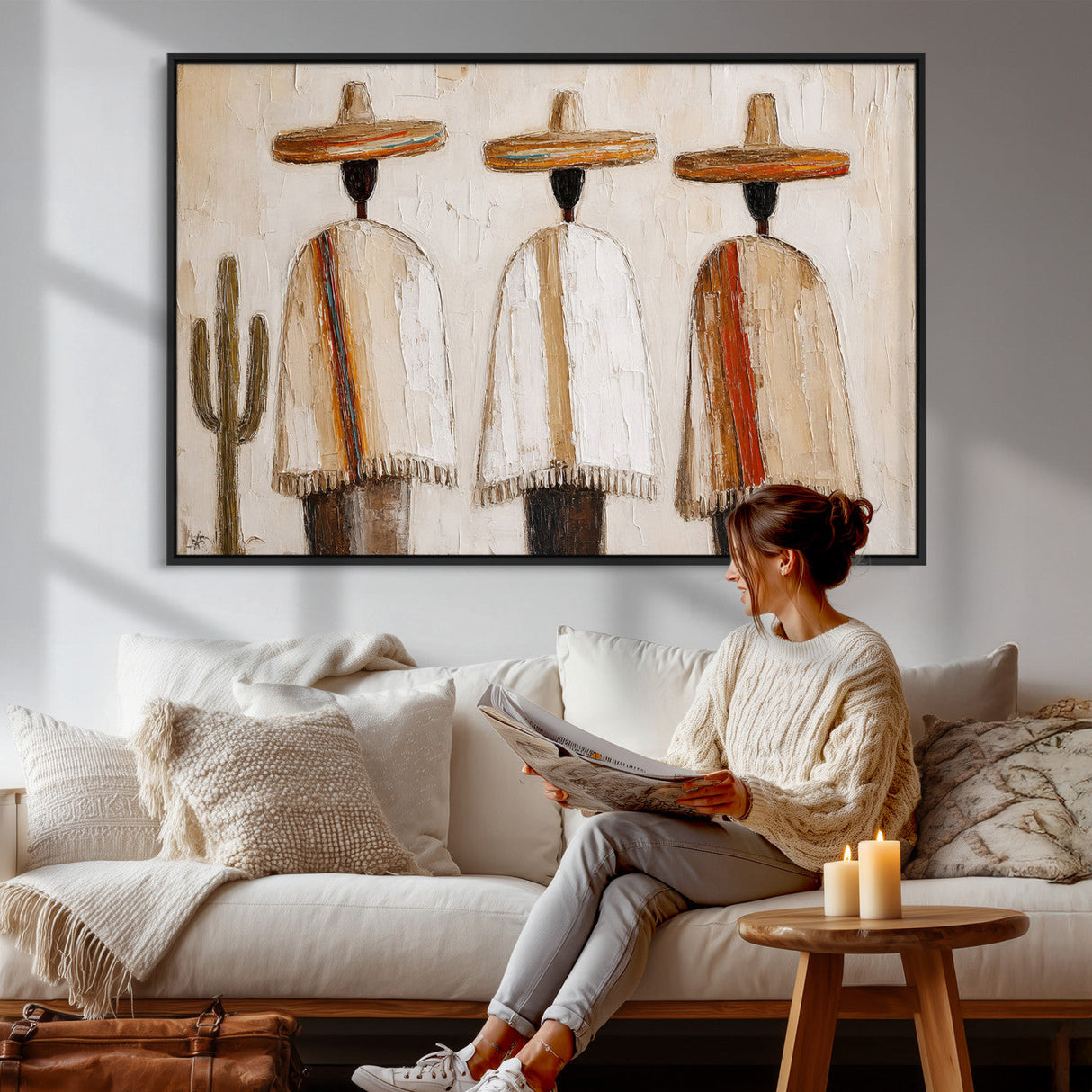 Mexican Wall Art Canvas Print, Southwestern Sombrero Poncho Painting, Neutral Earthy Boho Decor, Fiesta Living Room Art, Impasto Style Print