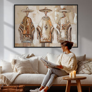 Mexican Folk Art Canvas Wall Art, Charro Poncho Sombrero Painting Print, Neutral Beige Boho Decor, Southwestern Impasto Style, Living Room Art