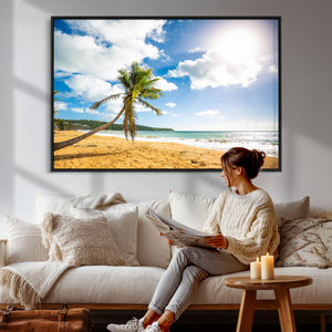 Tropical Beach Canvas Wall Art, Palm Tree Ocean Photo Print, Coastal Living Room Decor, Turquoise Sea Beach House Art, Summer Wall Art