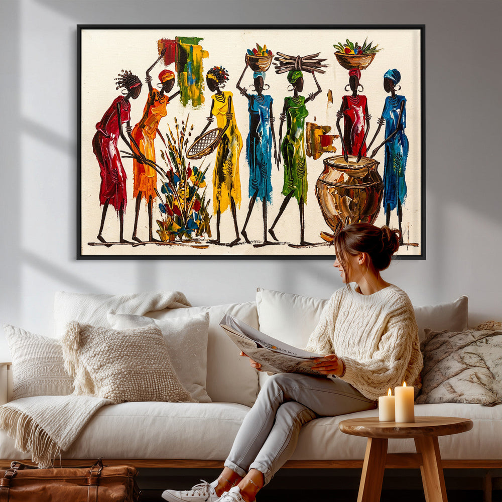 African Folk Art Canvas Wall Art, Colorful African Women Village Painting Print, Tribal Ethnic Home Decor, Vibrant African Art, Living Room