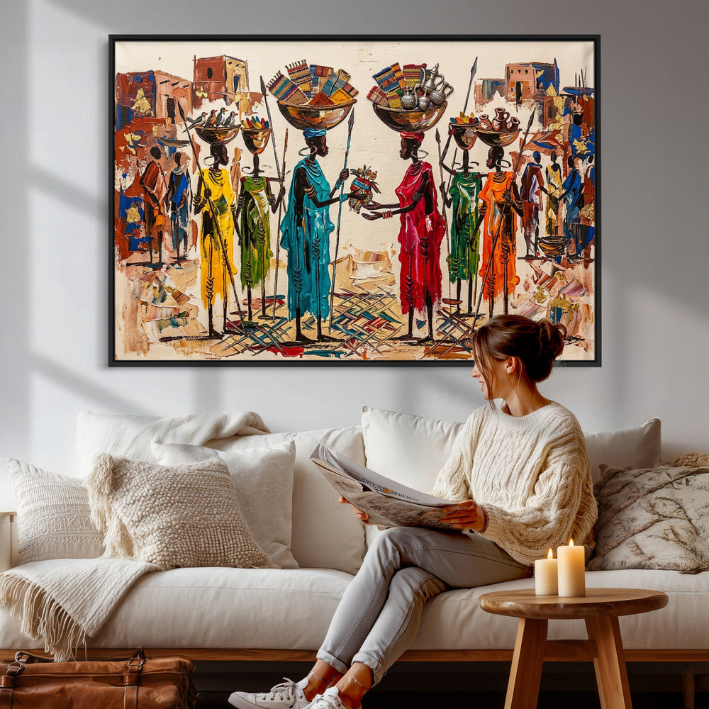 African Folk Art Canvas Wall Art, Colorful African Women Village Painting Print, Tribal Ethnic Home Decor, Vibrant African Art, Living Room