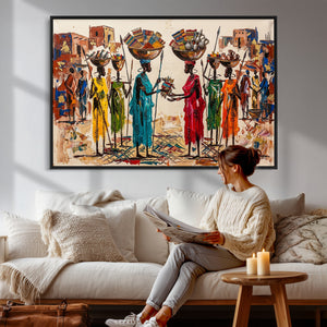 African Folk Art Canvas Wall Art, Colorful African Women Village Painting Print, Tribal Ethnic Home Decor, Vibrant African Art, Living Room