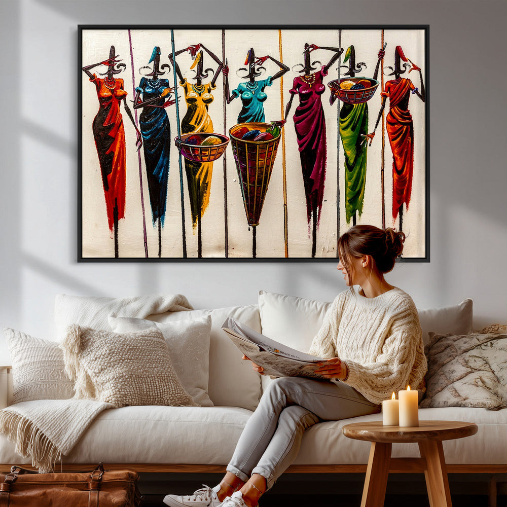 African Folk Art Canvas Wall Art, Colorful African Women Village Painting Print, Tribal Ethnic Home Decor, Vibrant African Art, Living Room