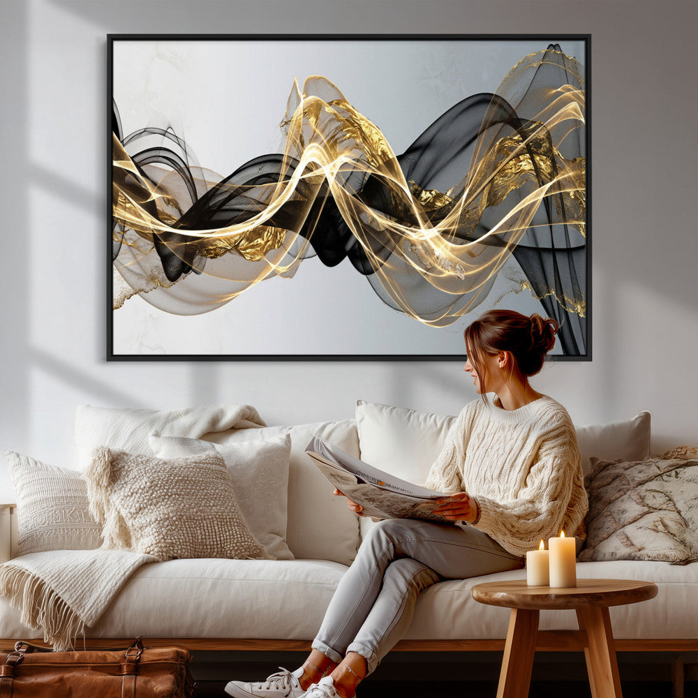 Black and Gold Abstract Wall Art, Modern Wave Canvas Print, Elegant Flowing Smoke Art, Luxury Living Room Decor