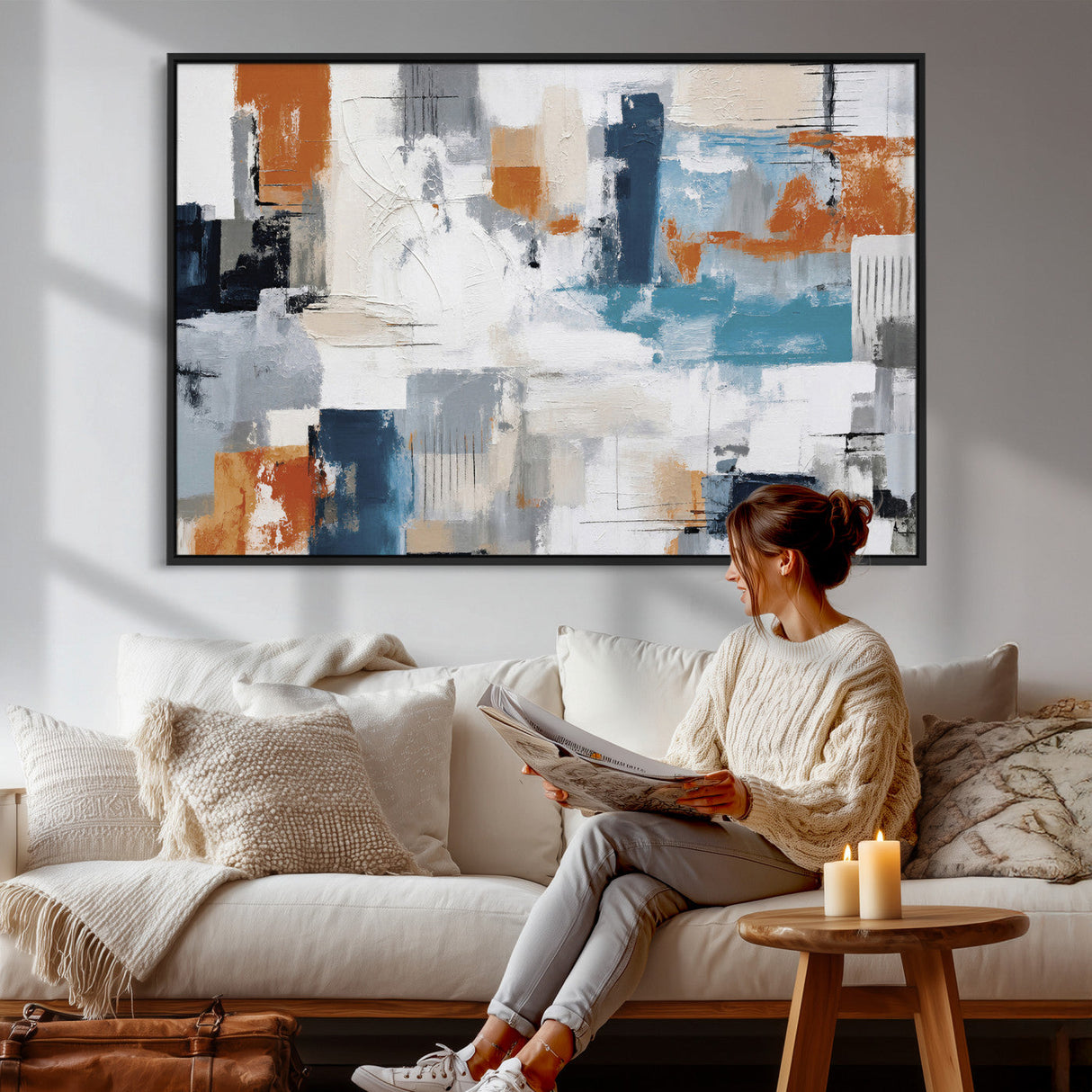 Blue Teal Abstract Canvas Wall Art, Modern Textured Painting Print, Navy Orange White Contemporary Art, Neutral Living Room Decor, Office Art