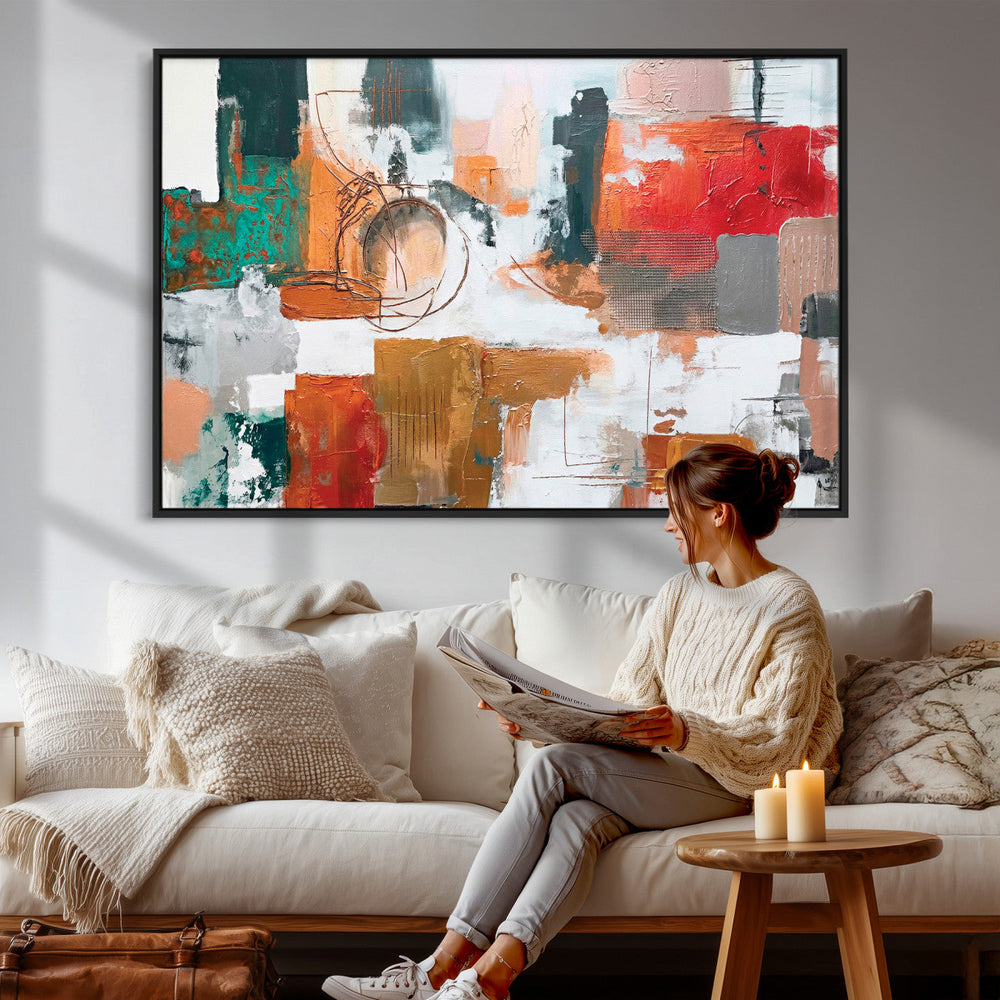 Blue Teal Abstract Canvas Wall Art, Modern Textured Painting Print, Navy Orange White Contemporary Art, Neutral Living Room Decor, Office Art