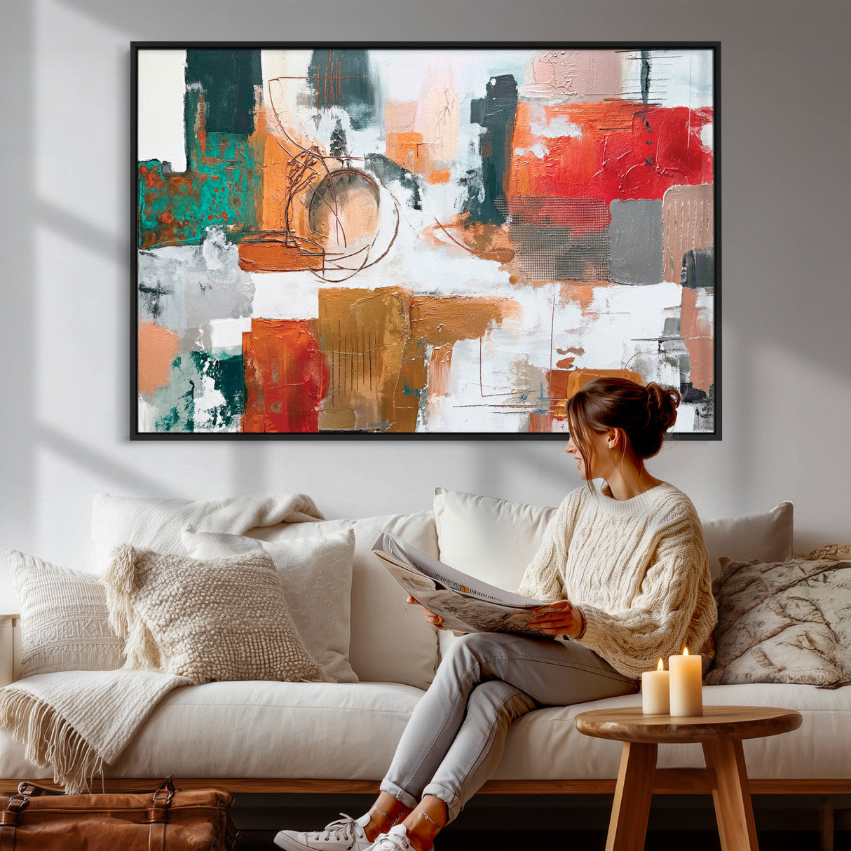 Blue Teal Abstract Canvas Wall Art, Modern Textured Painting Print, Navy Orange White Contemporary Art, Neutral Living Room Decor, Office Art
