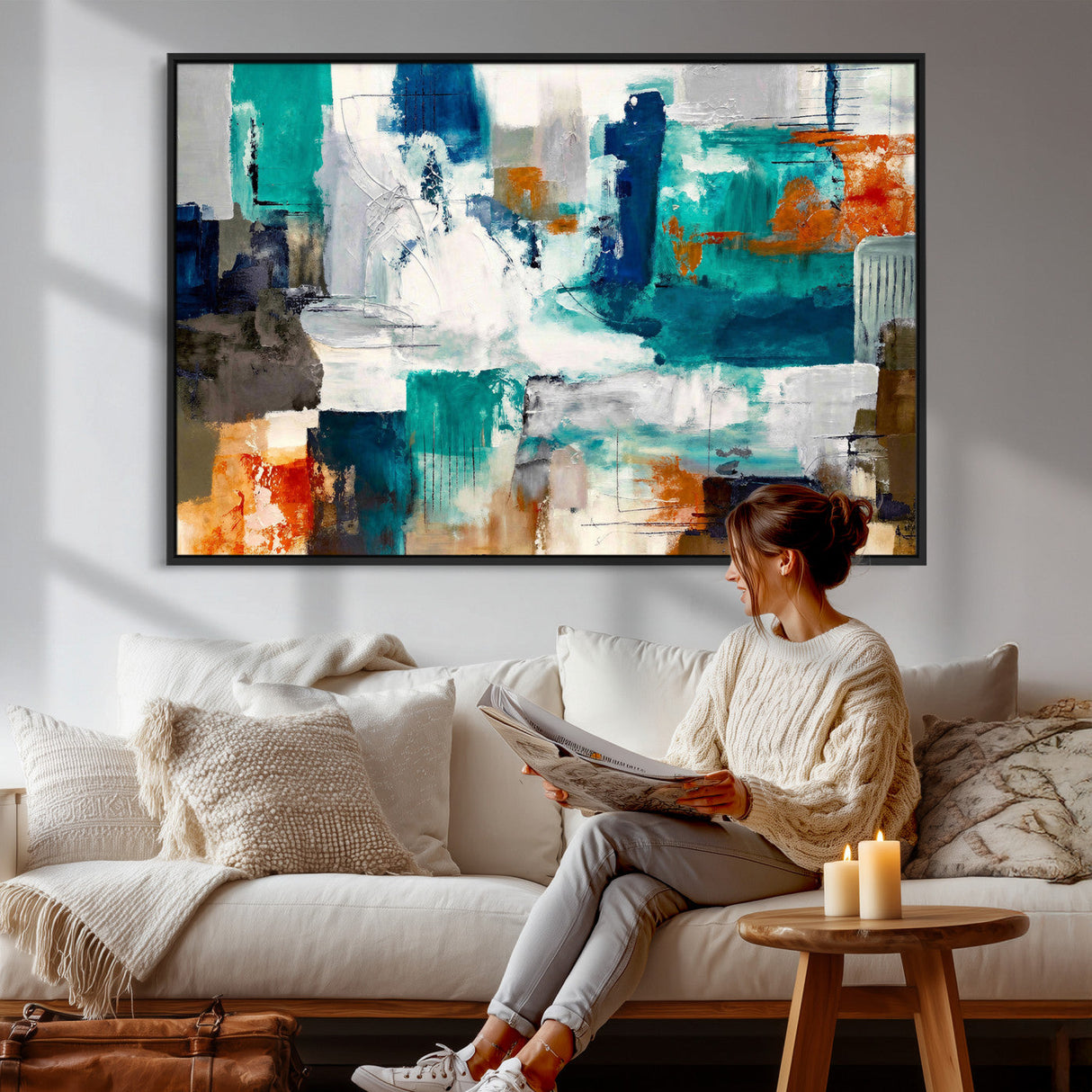 Blue Teal Abstract Canvas Wall Art, Modern Textured Painting Print, Navy Orange White Contemporary Art, Neutral Living Room Decor, Office Art
