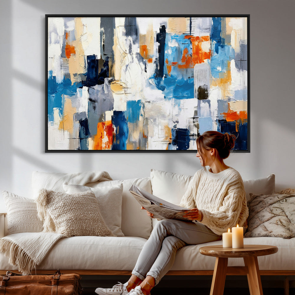 Blue Teal Abstract Canvas Wall Art, Modern Textured Painting Print, Navy Orange White Contemporary Art, Neutral Living Room Decor, Office Art