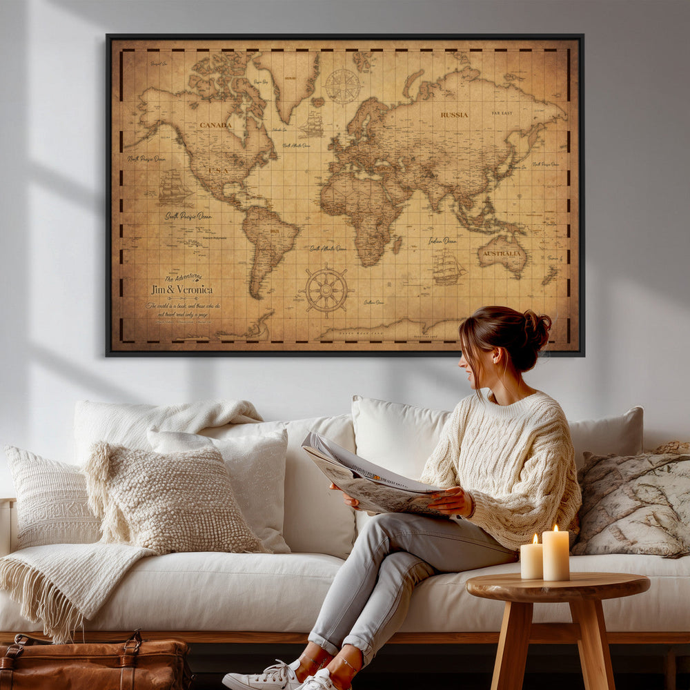Personalized Push Pin World Map, Vintage Travel Map Canvas, Custom Names Anniversary Gift, Places Visited Pin Board, Couples Adventure Art