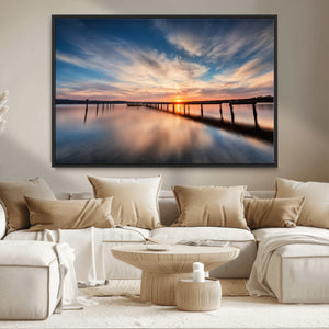 Wooden Pier on Seascape and Sunset Wall Art Canvas Print