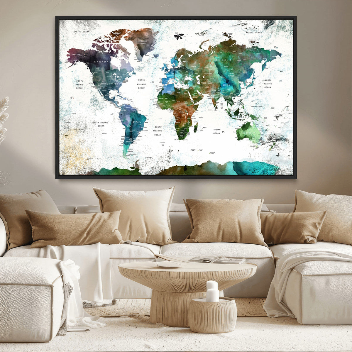 Modern Watercolor World Map Canvas Wall Art – Framed