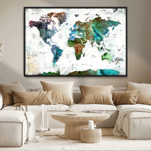Modern Watercolor World Map Canvas Wall Art – Framed
