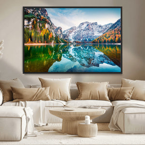 Spectacular autumn view of Braies Lake Wall Art Canvas Print