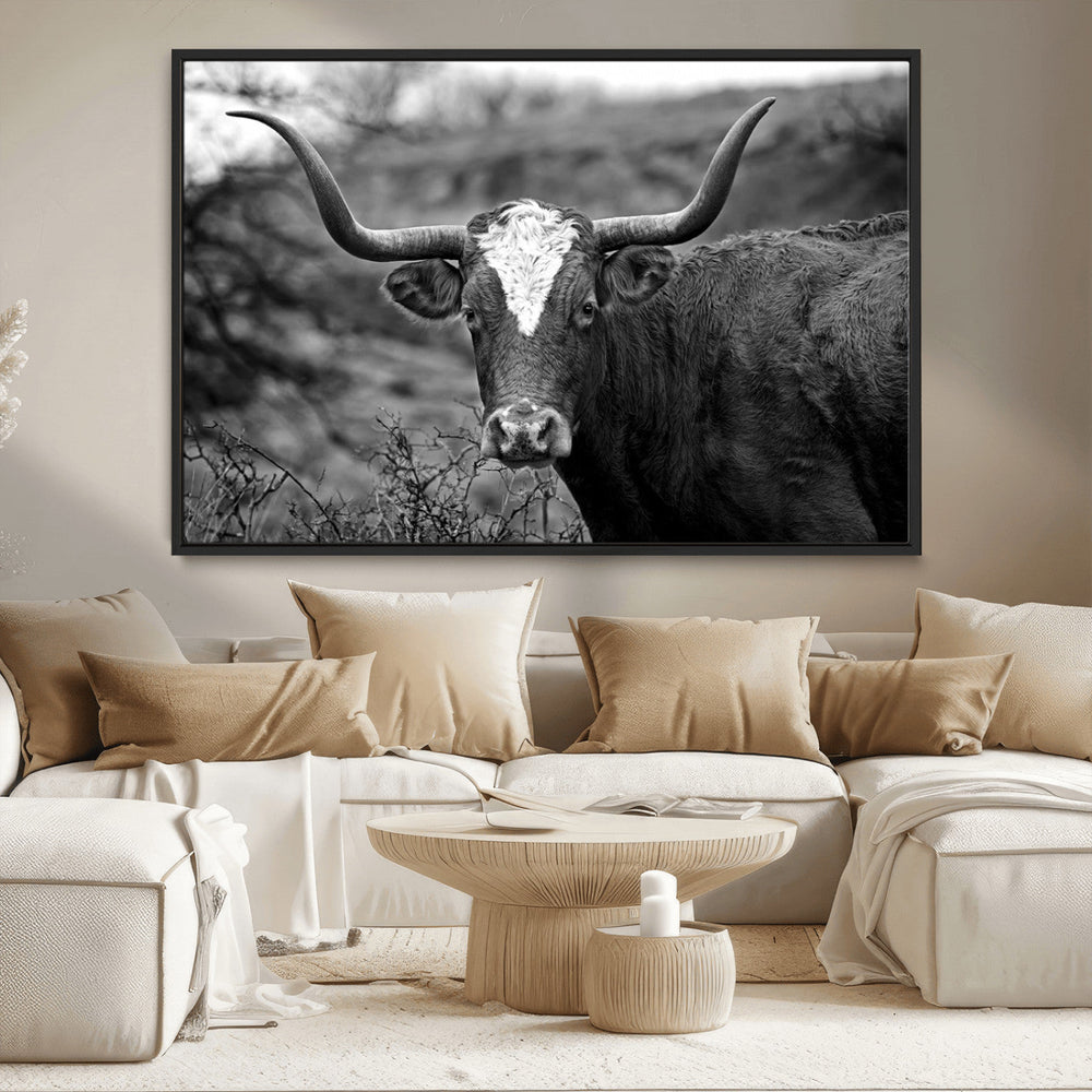 Western Home Wall Art Canvas Print, Framed Texas Longhorn