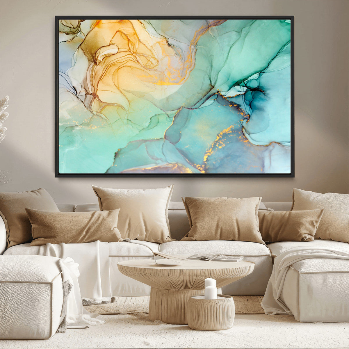 Abstract Aqua and Gold Fluid Wall Art Canvas | 3 Panel Large