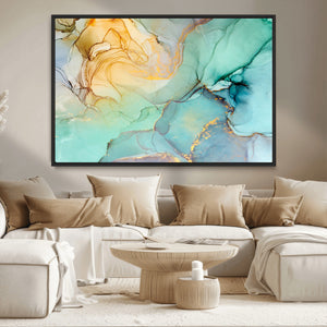 Abstract Aqua and Gold Fluid Wall Art Canvas | 3 Panel Large