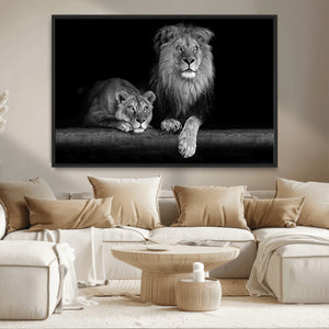 Large Black and White Lion Couple Wall Art Canvas Print –