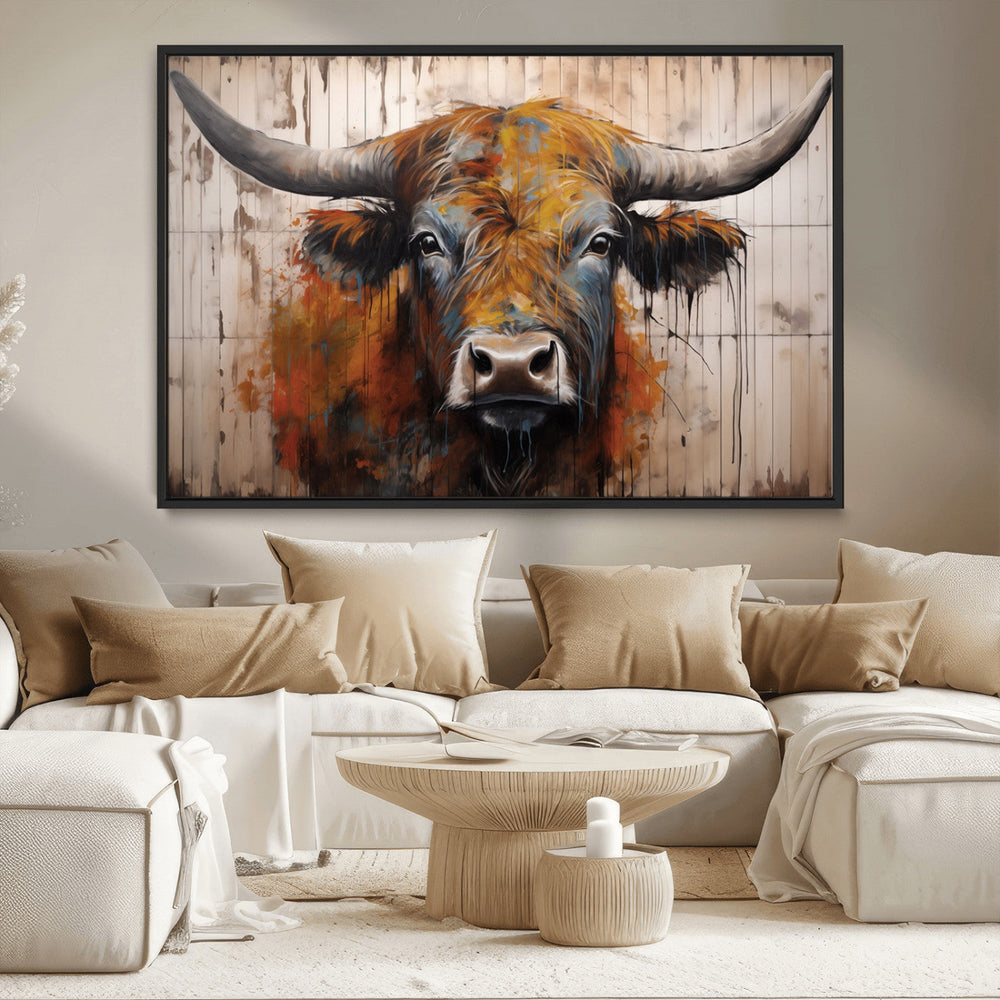 Abstract Bull Highland Cow Canvas Wall Art Print – Vibrant