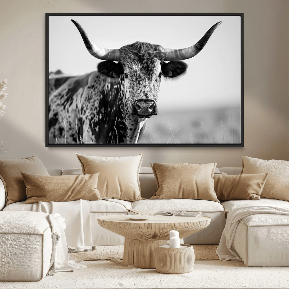 Texas Highland Cow Longhorn Canvas Print - Rustic Farmhouse