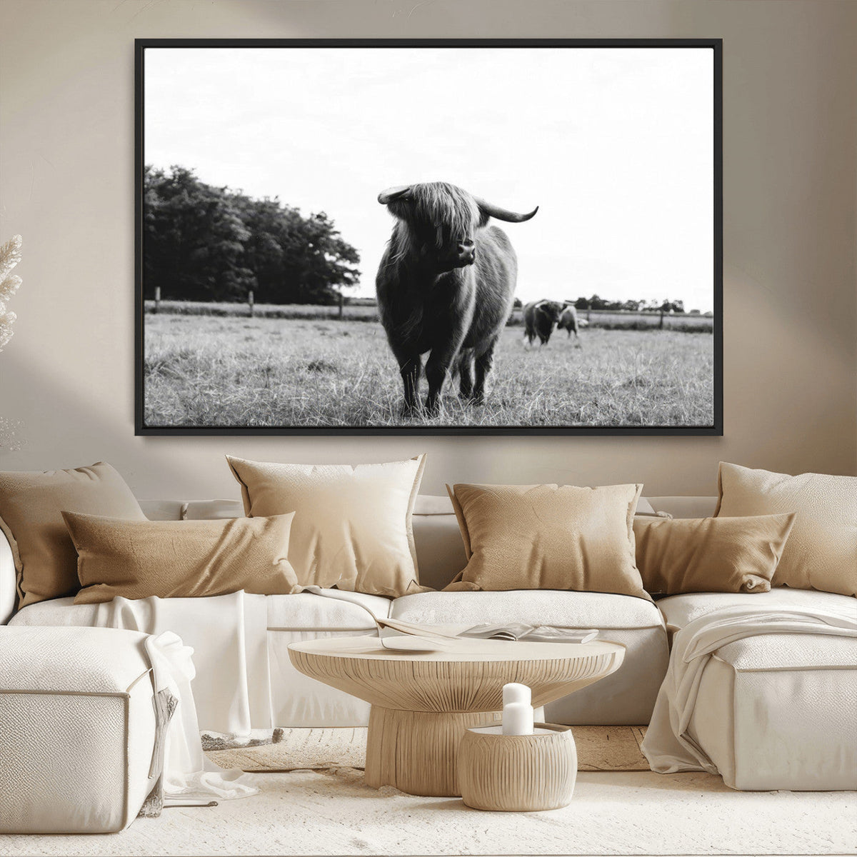 Black and White Highland Cow Wall Art Canvas Print | Rustic