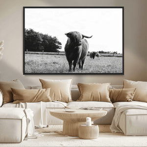 Black and White Highland Cow Wall Art Canvas Print | Rustic