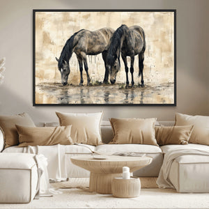 Chinese Style Abstract Black Horses Wall Art Canvas Print -