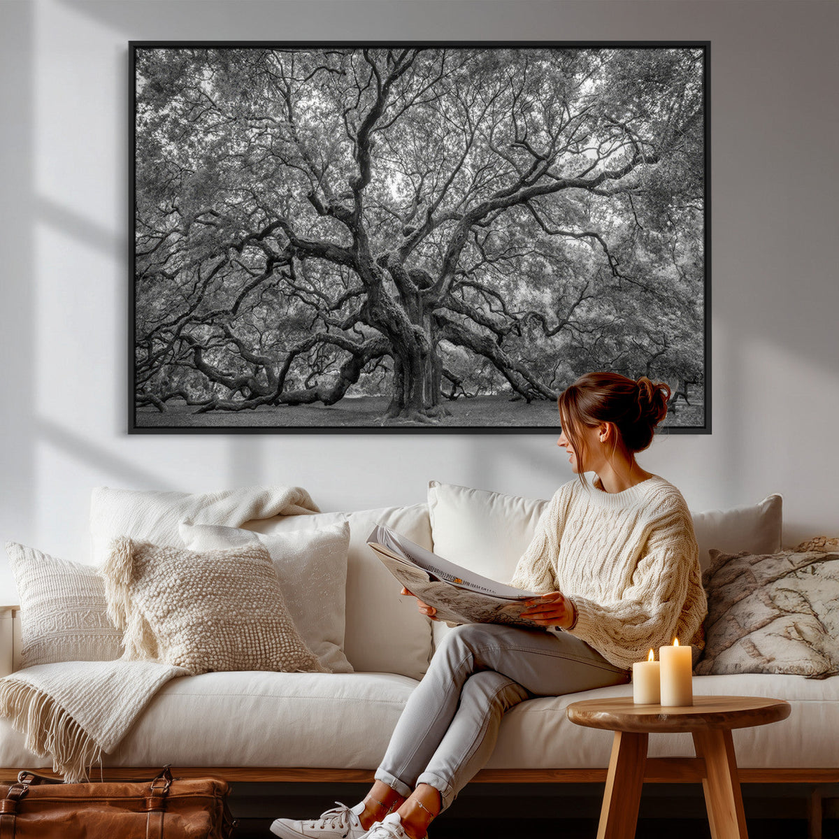 Majestic Angel Oak Tree Black and White Canvas Print – Multi