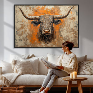 Abstract Cow Longhorn Bull Wall Art Canvas Print - Rustic