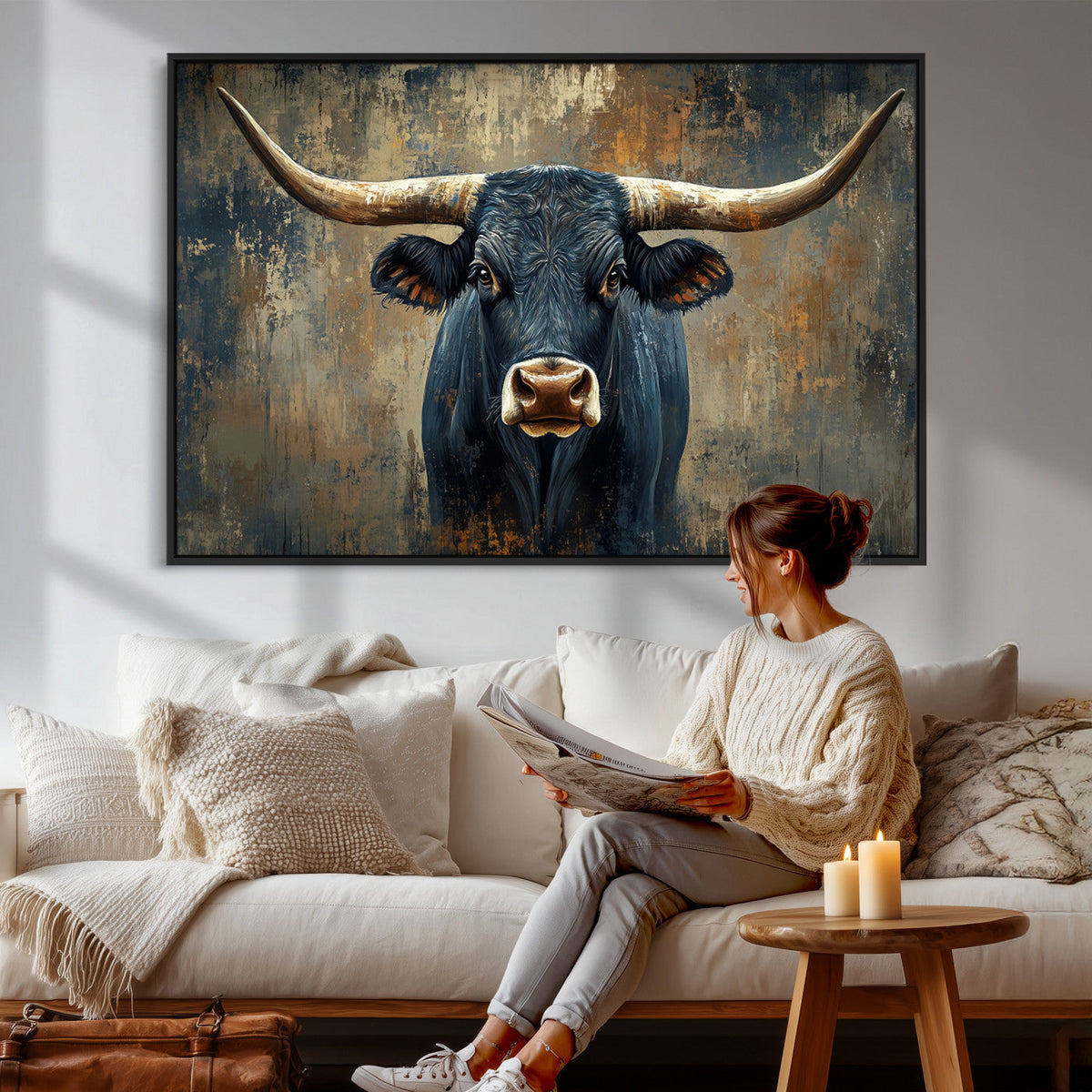 Texas Western Wall Art Canvas Print - Abstract Cow Longhorn