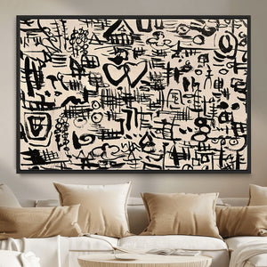 Abstract Love and Chaos Canvas Print, Black Symbols on Beige