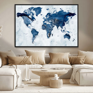 Modern Blue World Map Canvas Print – Framed Wall Art,